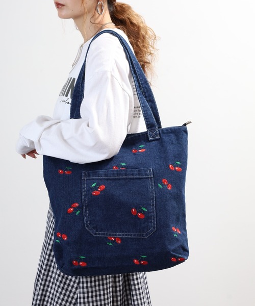 Crossi トートバッグ チェリー刺繍デニムトートバッグ レディース