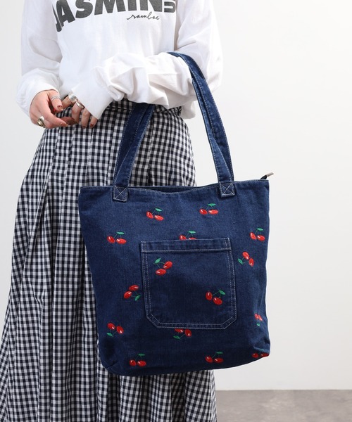 Crossi トートバッグ チェリー刺繍デニムトートバッグ レディース