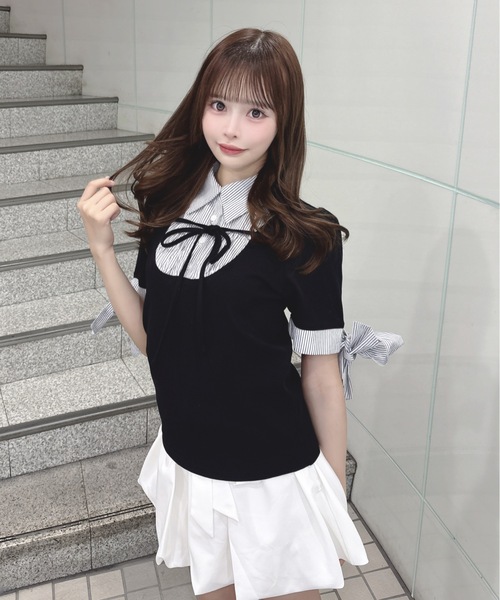 one way（ワンウェイ） tシャツ 半袖 袖リボンドッキングテレコ 