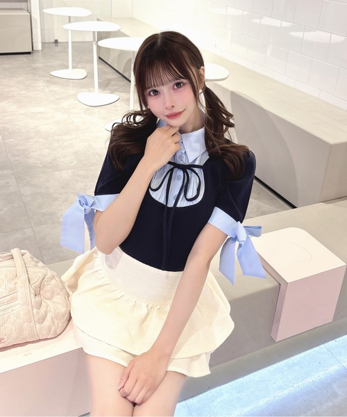 one way（ワンウェイ） tシャツ 半袖 袖リボンドッキングテレコ