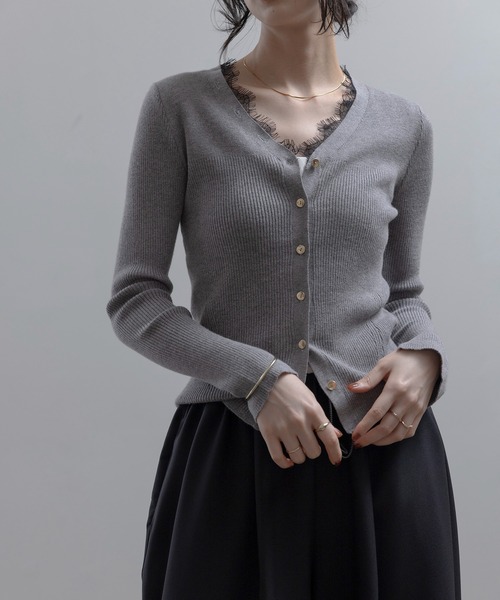 Eimee Law（エイミーロウ） カーディガン 衿レースVネックリブニット