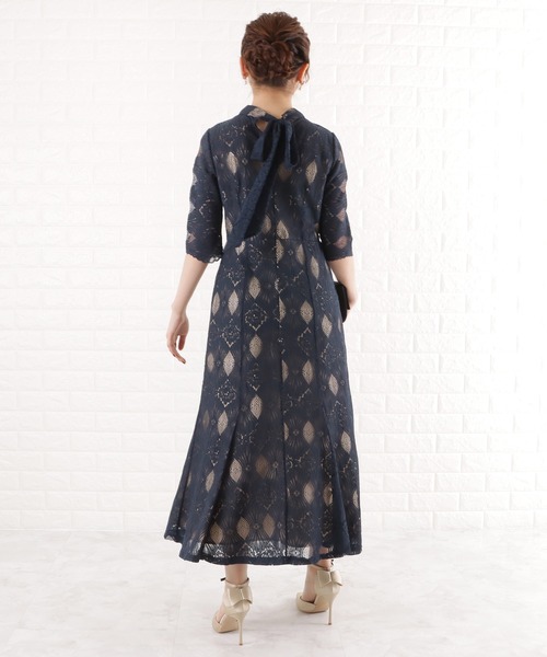 Lace Ladies 幾何学柄レースマーメイドワンピースドレス ネイビー XL Lace Ladies ドレス 花柄総レースハイネックマキシ丈ワンピース