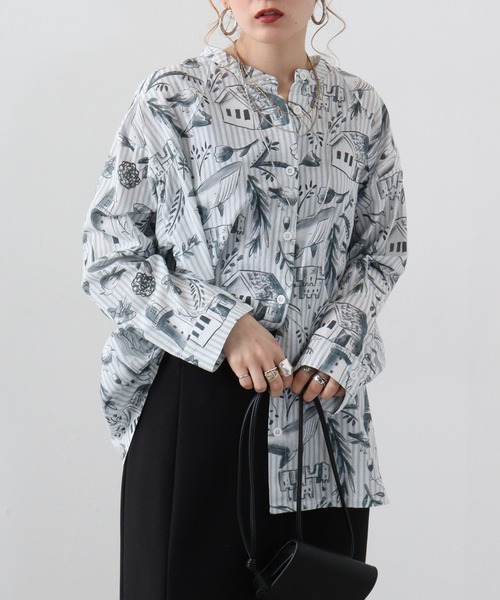ブラウス シャツ EMAGO 夏の海水彩総柄シャツ レディース