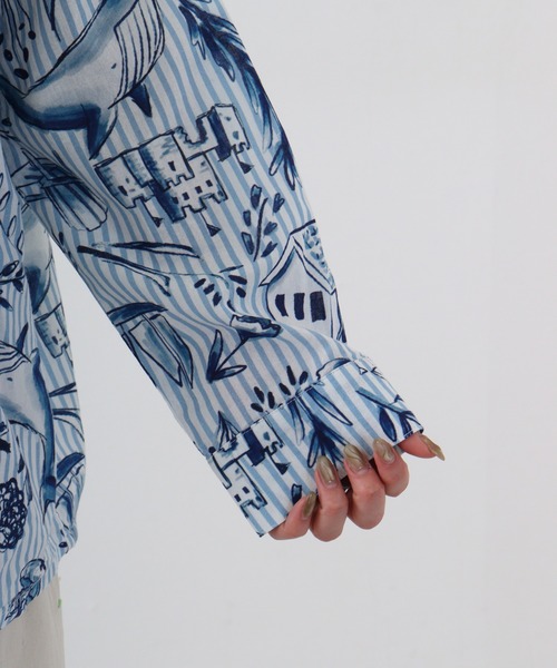 Emago ブラウス シャツ EMAGO 夏の海水彩総柄シャツ レディース