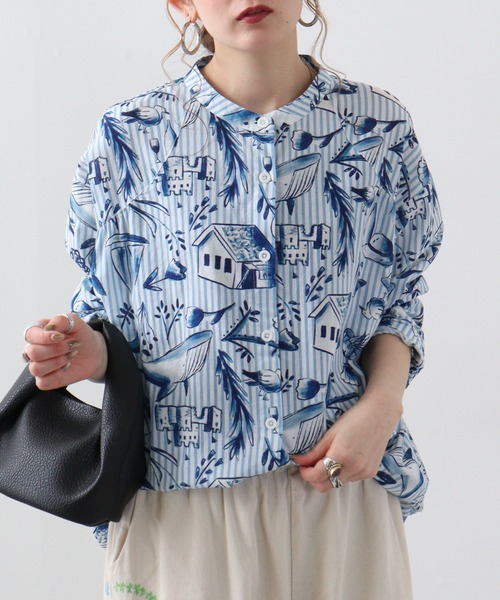 ブラウス シャツ EMAGO 夏の海水彩総柄シャツ レディース Emago ブラウス シャツ EMAGO 夏の海水彩総柄シャツ レディース