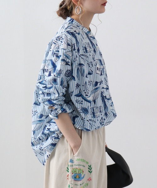 ブラウス シャツ EMAGO 夏の海水彩総柄シャツ レディース Emago ブラウス シャツ EMAGO 夏の海水彩総柄シャツ レディース
