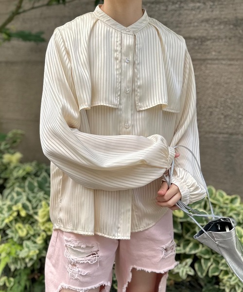 mi via loca ブラウス シャツ シアーストライプサテン フラップ