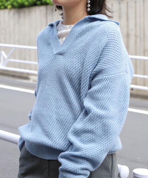 【MACPHEE】【WEB・一部店舗限定】ウールメッシュ ポロプルオーバー WEB・一部店舗限定】ウールメッシュ ポロプルオーバー