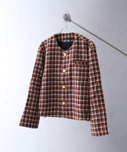 ジャケット ノーカラージャケット ノーカラーゴールドボタンショート丈