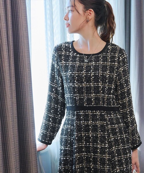 オンワード樫山　ティアクラッセ　ツイードスタイル ロングワンピース ブラック系 Tiaclasse ワンピース 配色ツイードワンピース : ZOZOTOWN Yahoo!店
