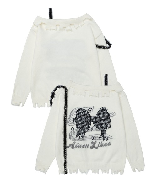 ニット セーター 「HOOK」for　girls オフショルダーリボン刺繍ニット レディース