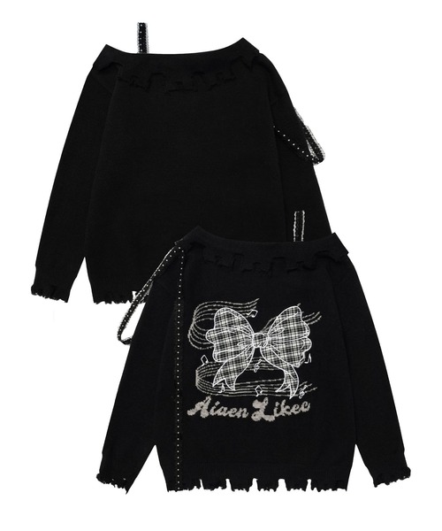 ニット セーター 「HOOK」for girls オフショルダーリボン刺繍ニット