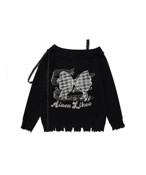 ニット セーター 「HOOK」for girls オフショルダーリボン刺繍ニット