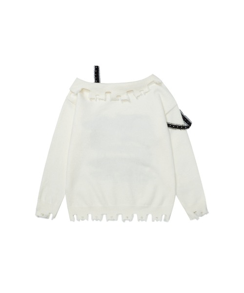 ニット セーター 「HOOK」for girls オフショルダーリボン刺繍ニット