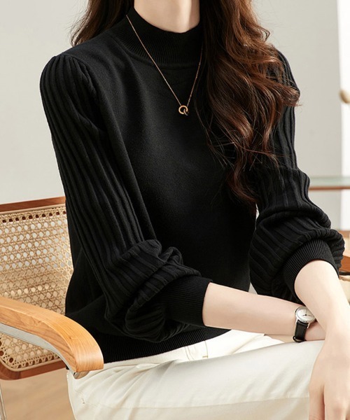 ニット セーター プリーツスリーブハイネックニット レディース