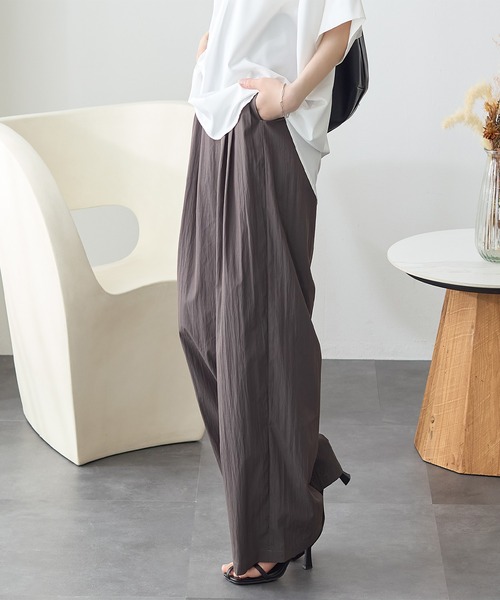 スラックス パンツ ヴィンテージ調素材ワイドパンツ レディース