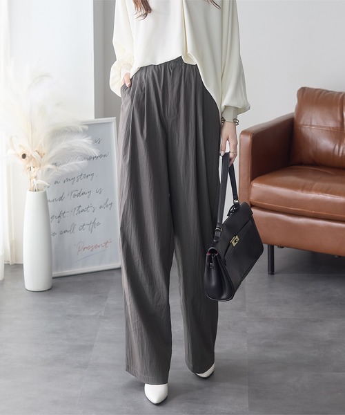 スラックス パンツ ヴィンテージ調素材ワイドパンツ レディース スラックス パンツ ヴィンテージ調素材ワイドパンツ レディース