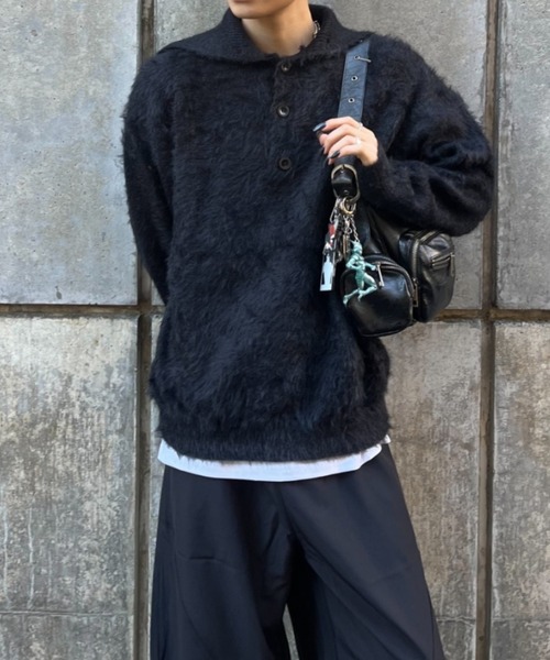 lilful セーター ニット ハーフボタンハイネックシャギーニット メンズ