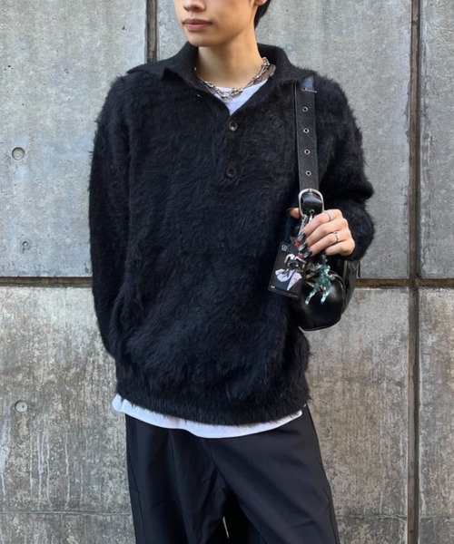 lilful セーター ニット ハーフボタンハイネックシャギーニット メンズ
