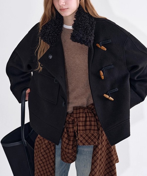 ダッフルコート コート カーリーファーカラー オフセンター ショート