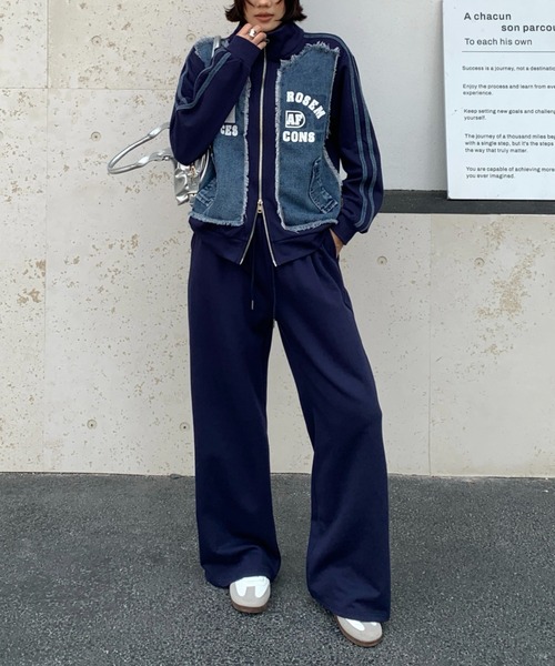 デニムパンツとロゴジャケットセット FAVORITO セットアップ 切り替えデニムジャケットワイドパンツ