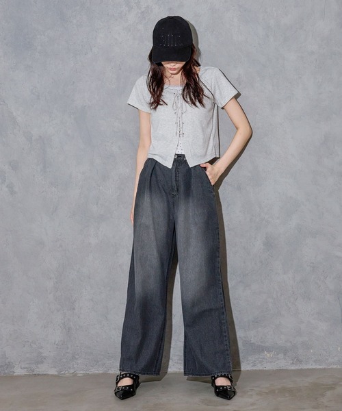 ワイドパンツ パンツ 「ライトオンス」ホックデニムパンツ キッズ 子供服 女の子の画像