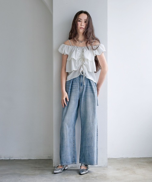 ワイドパンツ パンツ 「ライトオンス」ホックデニムパンツ キッズ 子供服 女の子の画像