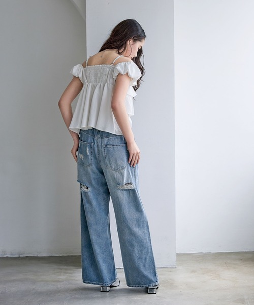 ワイドパンツ パンツ 「ライトオンス」ホックデニムパンツ キッズ 子供服 女の子の画像