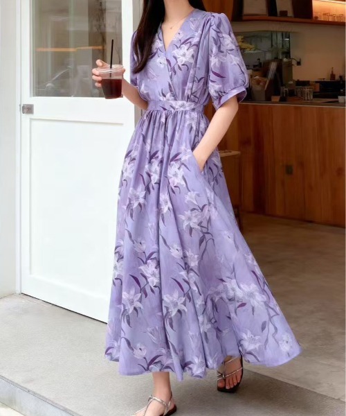 FINEnough ワンピース 夏 半袖 大花柄カシュクール半袖ロング