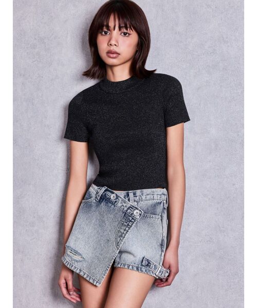 GYDAリブ編み ブラック タンクトップ トップス半袖GYDAスキニーデニム GYDA（ジェイダ） tシャツ 半袖 ボトルネックリブニットトップス