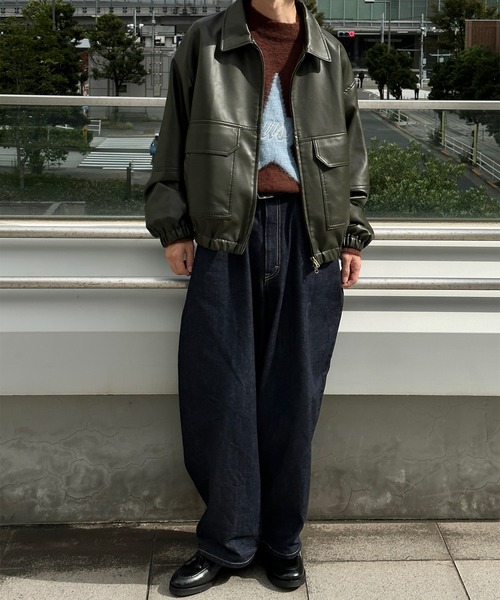 Perushu ブルゾン アウター レザータッチショート丈ブルゾン メンズ