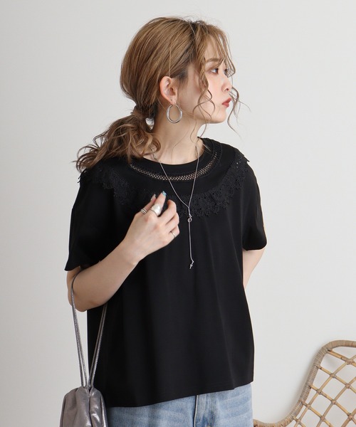 tシャツ AnnaNicola レース切り替えカットソー レディース