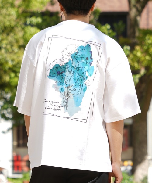 tシャツ 「unisex」水彩画風 フラワー バックプリントTシャツ / ロゴ