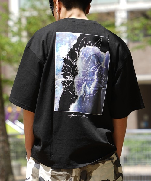 レディースカラー柄Tシャツ Lサイズ 手描きのカラーの花柄Tシャツ ブラック ScoLar（スカラー） レディース 春夏トップス 七分袖 Tシャツ スカラー