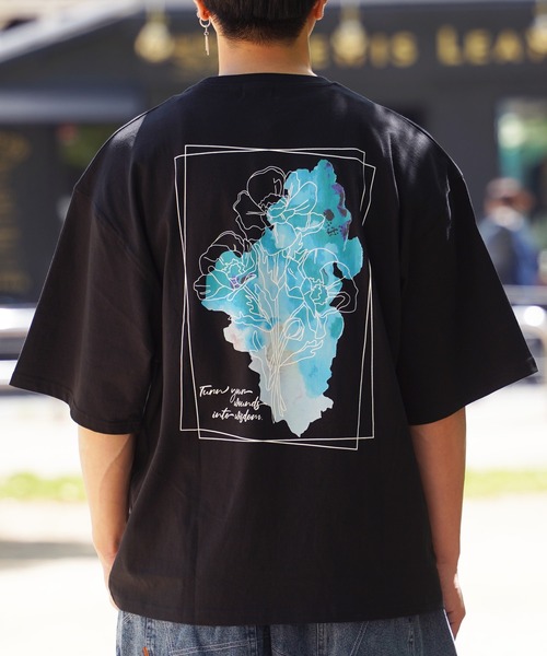 tシャツ 「unisex」水彩画風 フラワー バックプリントTシャツ / ロゴ