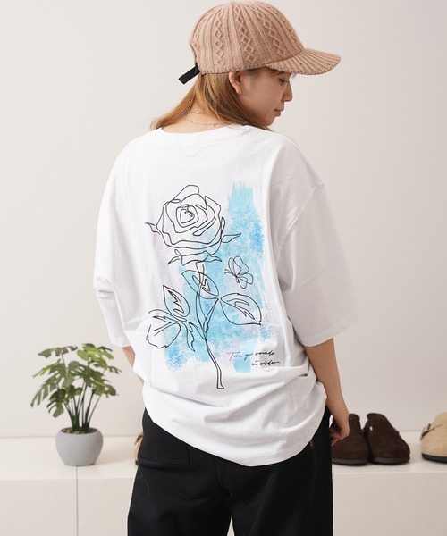 tシャツ 「unisex」水彩画風 フラワー バックプリントTシャツ / ロゴ