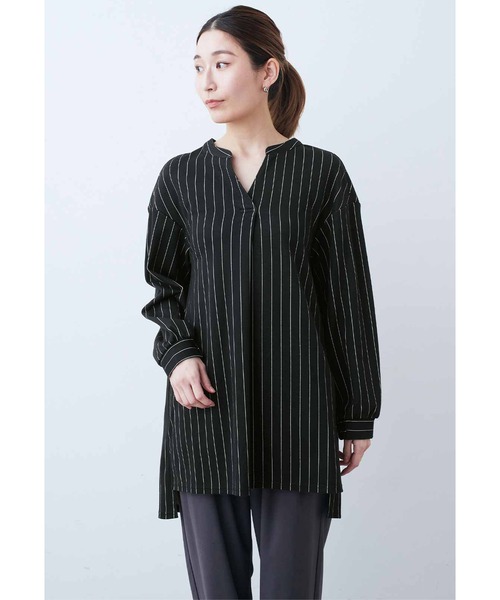 tシャツ ＩＥＤＩＴ　布はく見えして実はらくちんカットソー　ストライプロングシャツプルオーバー「ダークグレー」 レディース