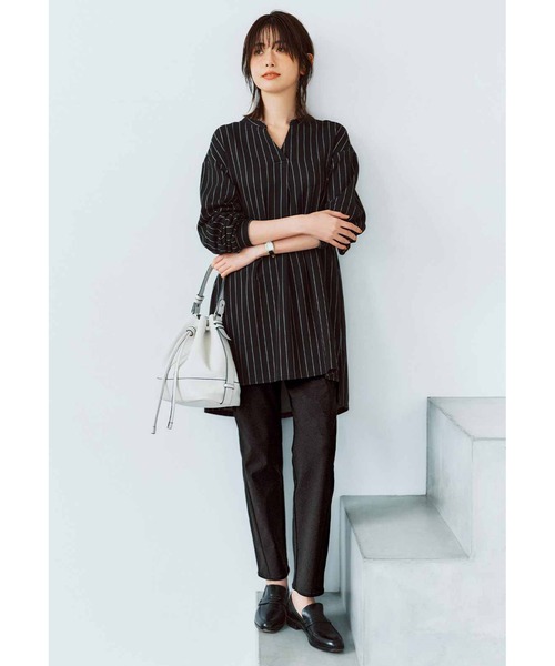 tシャツ ＩＥＤＩＴ　布はく見えして実はらくちんカットソー　ストライプロングシャツプルオーバー「ダークグレー」 レディース IEDIT tシャツ IEDIT 布はく見えして実はらくちん