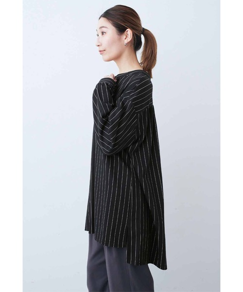 tシャツ ＩＥＤＩＴ　布はく見えして実はらくちんカットソー　ストライプロングシャツプルオーバー「ダークグレー」 レディース IEDIT[イディット] 布はく見えして実はらくちんカットソー