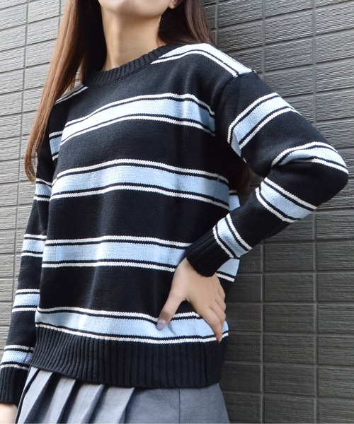 ニット セーター spiritoso クルーネックルーズボーダーニット レディース spiritoso ニット セーター クルーネックルーズボーダーニット