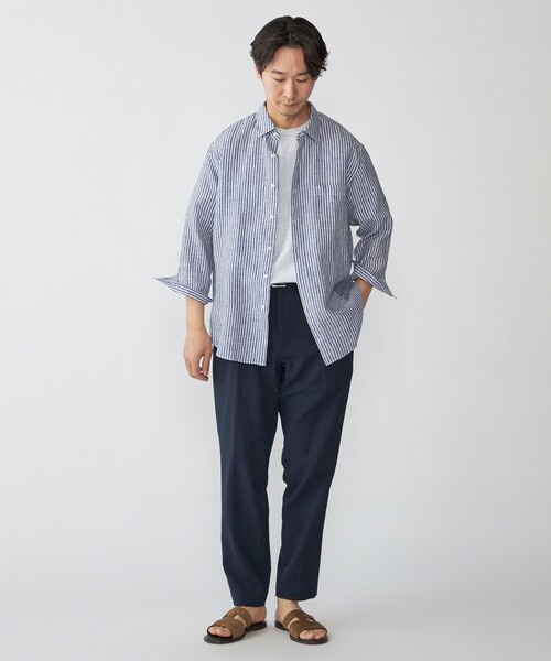 美品 SHIPS リネン混 レギュラーカラー オーバーシャツ ネイビー 長袖 SHIPS（シップス） シャツ SHIPS: レイモンド レギュラーカラー リネン