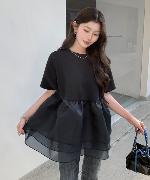 Drawer オリジナル　ペプラムTシャツ　 黒　Sサイズ tシャツ 3段シアーペプラムTシャツ レディース : ZOZOTOWN Yahoo!店