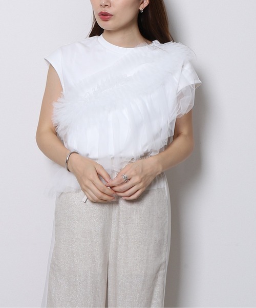 tシャツ アシメトリーチュールフリルカットソー レディース