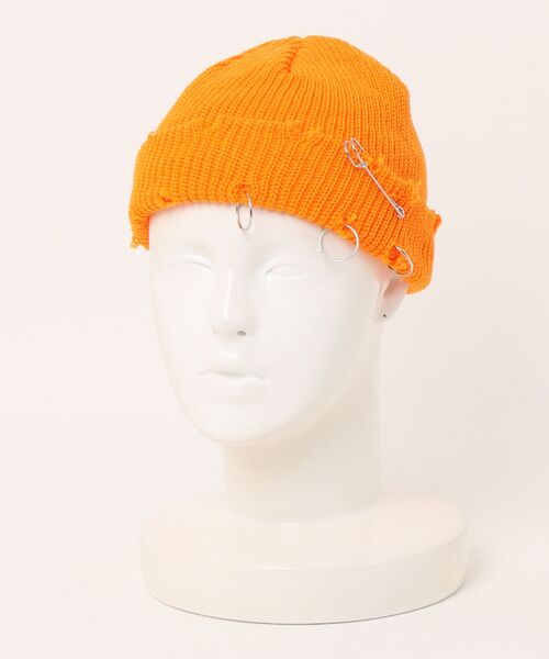 Remake リメイク品 ダメージ加工 バンダナ縫い付 ニットキャップ オレンジ Anthe（アンテ） ニット帽 ニットキャップ パンク風ダメージ加工ワッチ