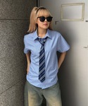 ブラウス シャツ 夏 半袖 ラインストーンチェ...の詳細画像2