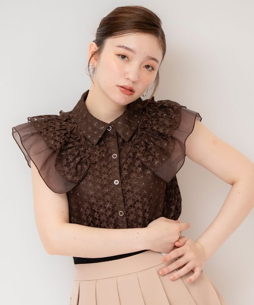 ノースリーブラメブラウス セール 30%OFF】コットンラメフラワー スタンドネック