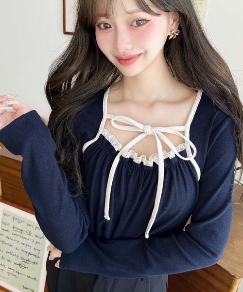 リボンでいテール入りテスクチャー加工トップス moment+ tシャツ レイヤードデザインデコルテリボン長袖リブカットソー