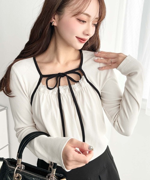 moment+ tシャツ レイヤードデザインデコルテリボン長袖リブカットソー