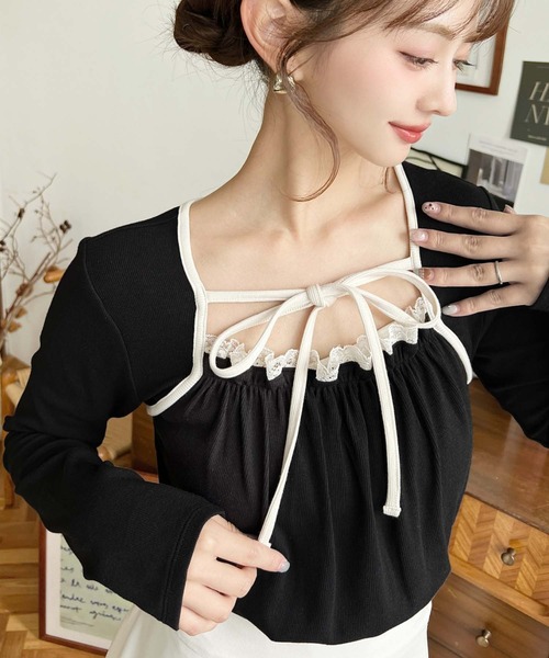 moment+ tシャツ レイヤードデザインデコルテリボン長袖リブカットソー