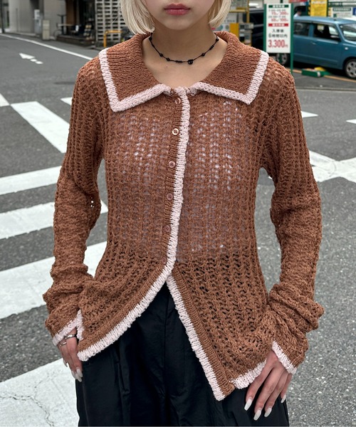 PILIT ニット セーター チュールヤーン透かし編みポロニット